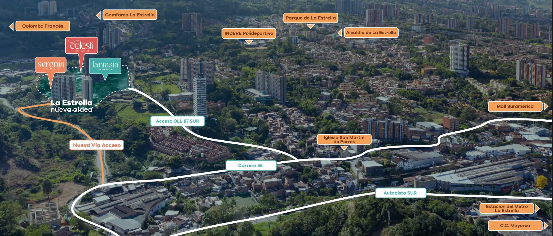 Mapa aéreo de ubicación y accesos del sector